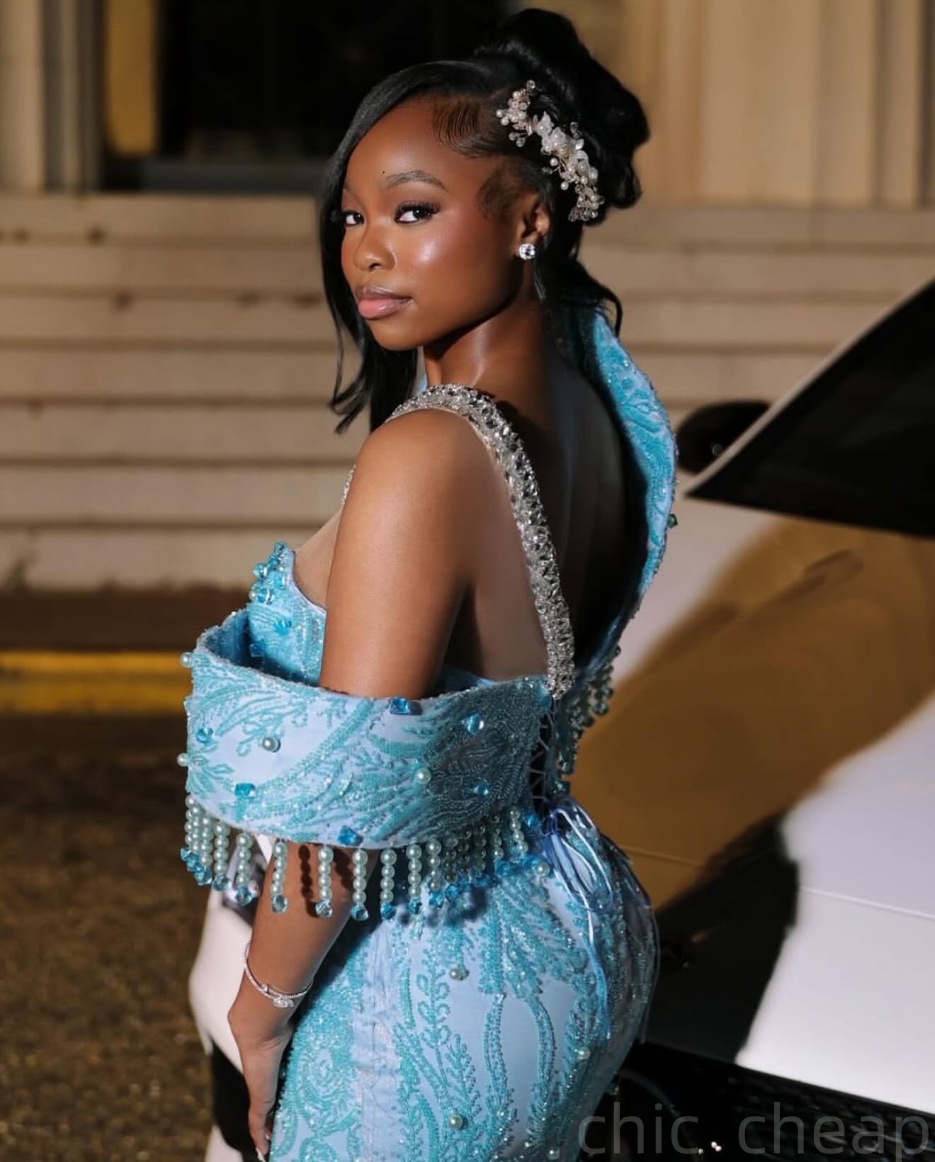 Sky Blue Mermaid Prom Dresses 2025 Pearls Crystals Sequined Lace Evening Formal Party Second Birthday Engagement Gowns Plus Size Dress For Special Occ