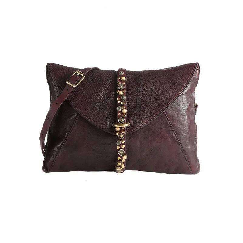 Luxurious Design Bags New Handheld Envelope Handmade Retro Head Layer Cowhide Texture Rivet Small Design Women's One Shoulder Crossbody Bag