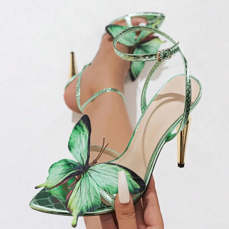 Liyke Fashion Chic Metal Strange High Heels Sandals Women Green Butterfly Pointed Open Toe Party Prom Shoes Size 35-43 250624