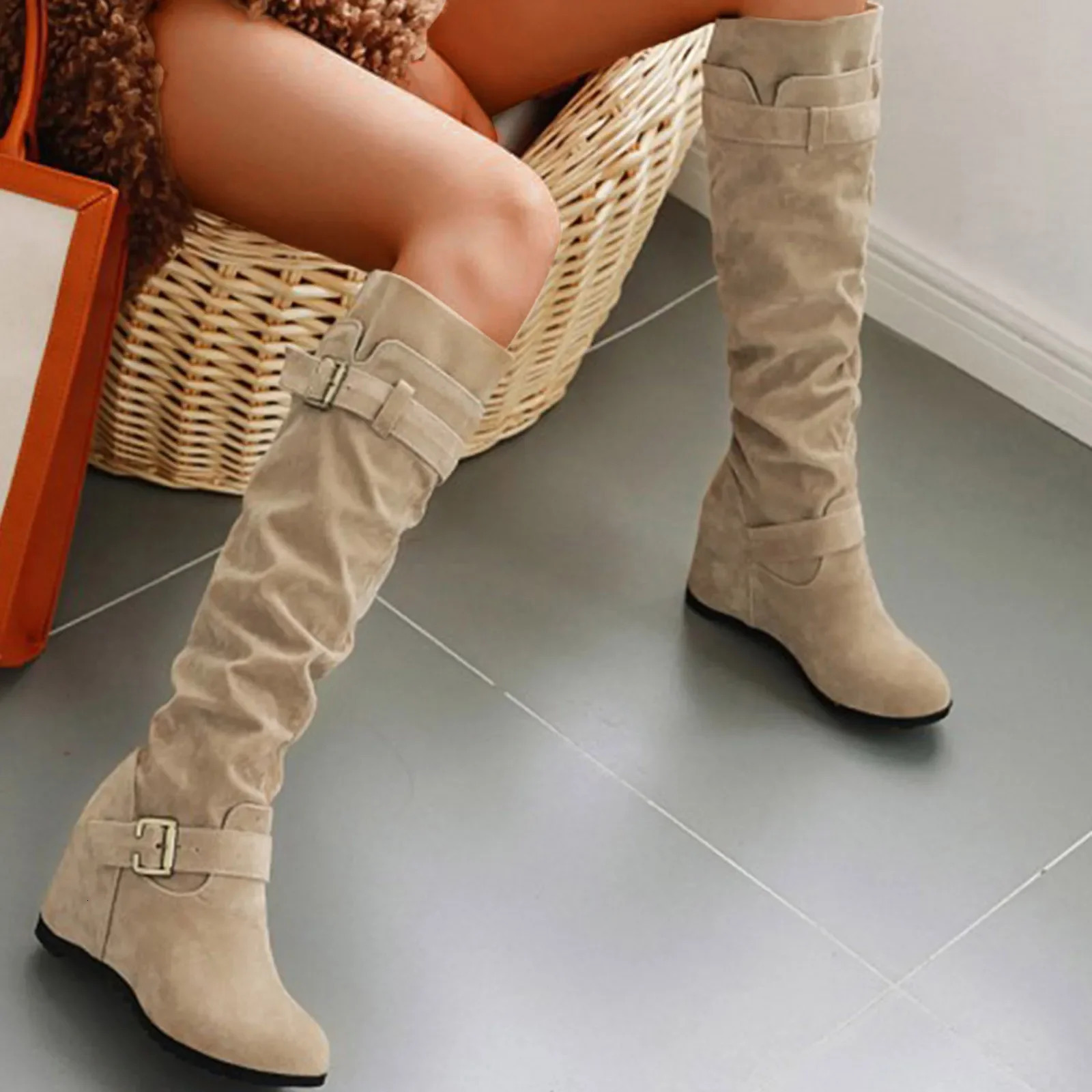 Womens High Heel Boots Ladies Fashion Solid Suede Belt Buckle Decoration With Elevated Wedge Heel Womens Boots Size 9 Knee High 250623