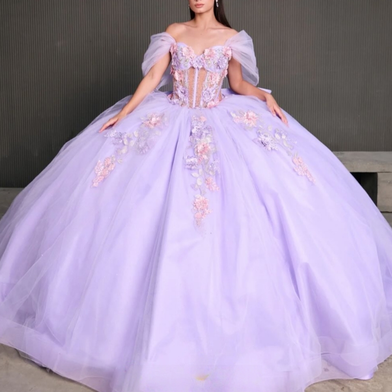 Light Lilac Shiny Quinceanera Dresses Ball Gown Off The Shoulder Applique Lace Beads Tull Corset Sweet 16 Dress Vestidos 15 Anos