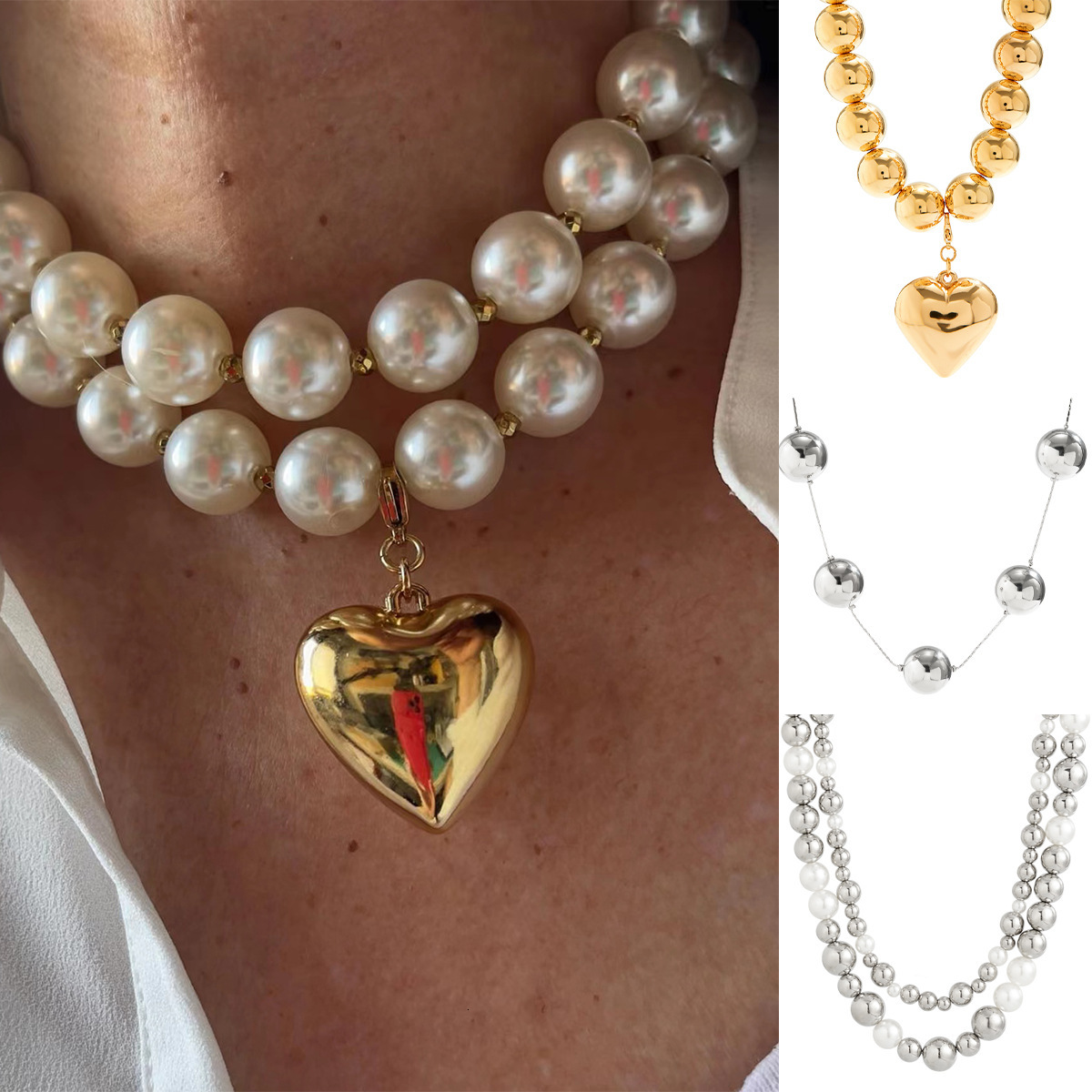 Exaggerated Cyber Style Multi-layer Bead Layered Elegant Niche Detachable Heart-shaped Personality Necklace