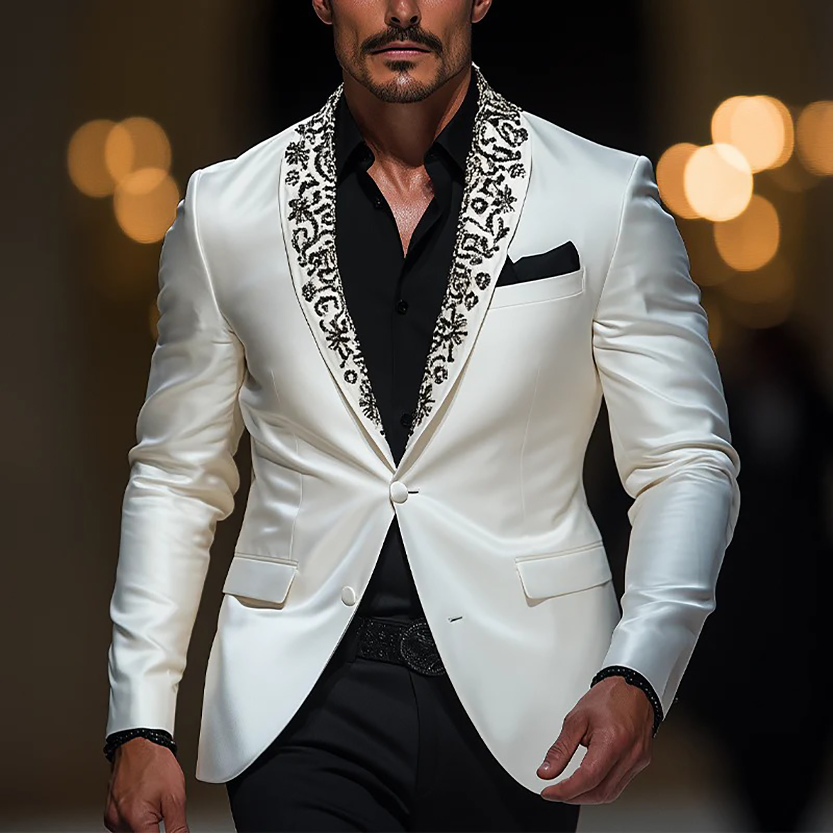 SImple Tailor-Made Appliques Men Suits 2 Pieces Set Shawl Lapel Jacket Beading Blazer Two-Button Groom Customized Coat Black Pants Plus Size