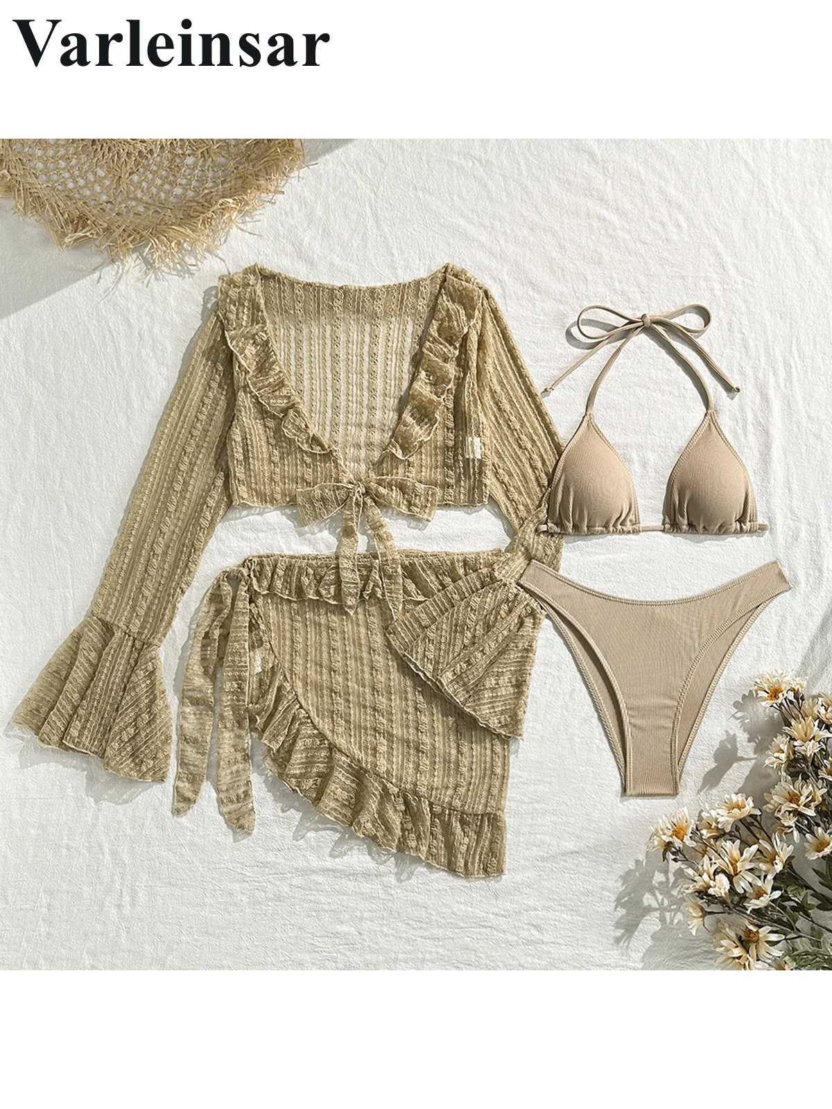 10 Colors With Sarong Long Sleeve Bikini Women Swimwear Female Swimsuit Four-pieces Bikini set Bather Bathing Suit Swim V6338E XJ250624