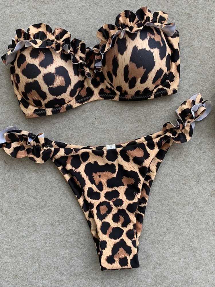 Sexy Leopard Strapless Bikini Set 2 Piece Women Split Swimsuit High Waist Beach Style Bikini 2025 New Summer Swimwear Bikini XJ250624