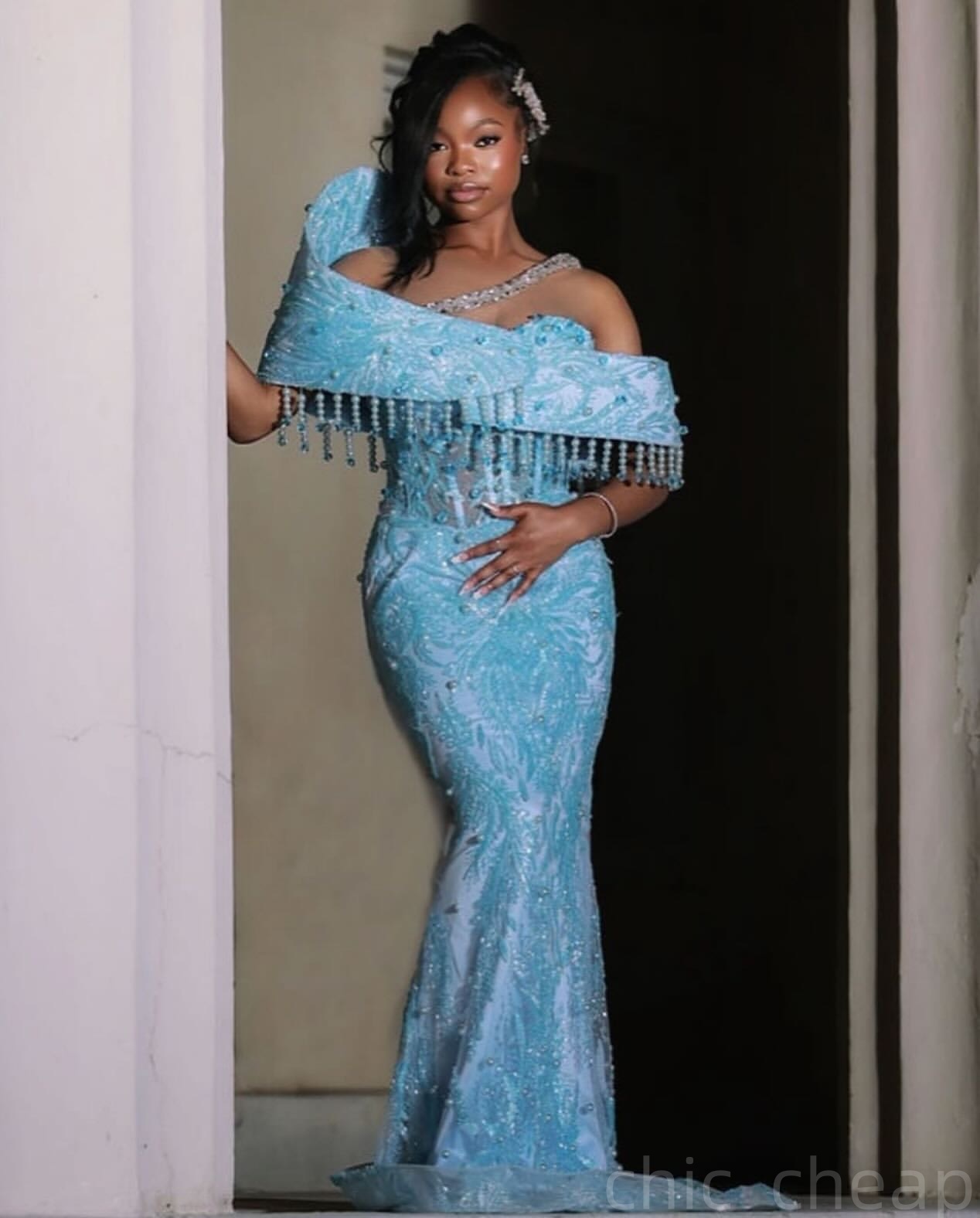 Sky Blue Mermaid Prom Dresses 2025 Pearls Crystals Sequined Lace Evening Formal Party Second Birthday Engagement Gowns Plus Size Dress For Special Occ