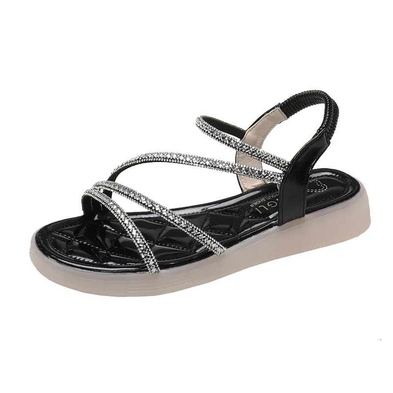 Flat-heeled Sandal Woman Rhinestone Comfortable Sandals for Women Summer Without Heel Elegant Roman Fashion 250624