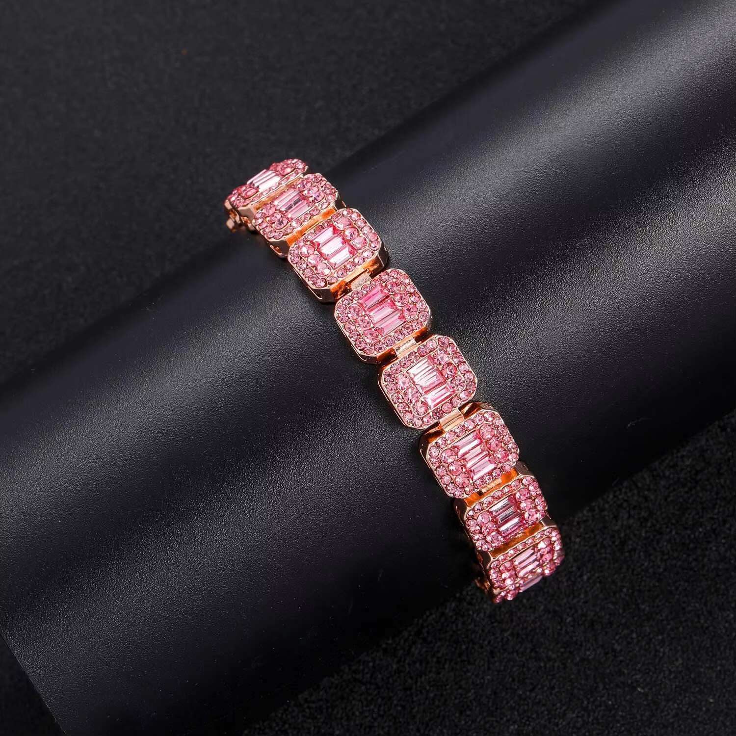 Mens Hip Hop Diamond Rose Gold Pink 13MM Square Diamond Rock Candy Chain Moissanite Iced Out Cuban Link Chain