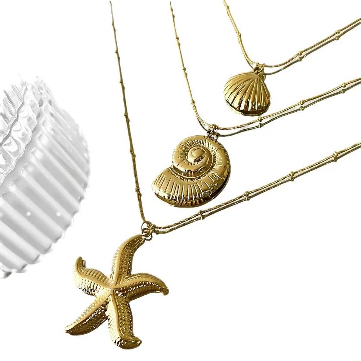 Minimalist Starfish Striped Conch Scallop Shaped Pendant Necklace for Women Waterproof Trend Jewelry Summer Beach Party V250625