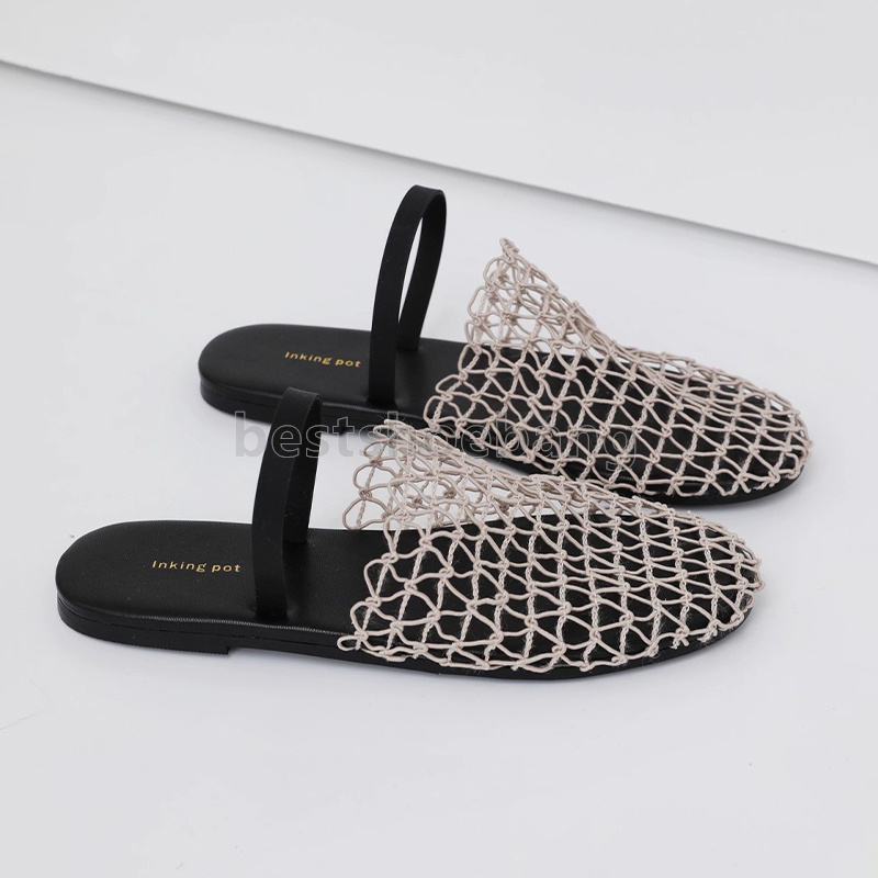 fishing net slides summer designer sandals casual slippers hollow out mesh womens sliders daily fashion slip-on half slipper flip flops size 35-40