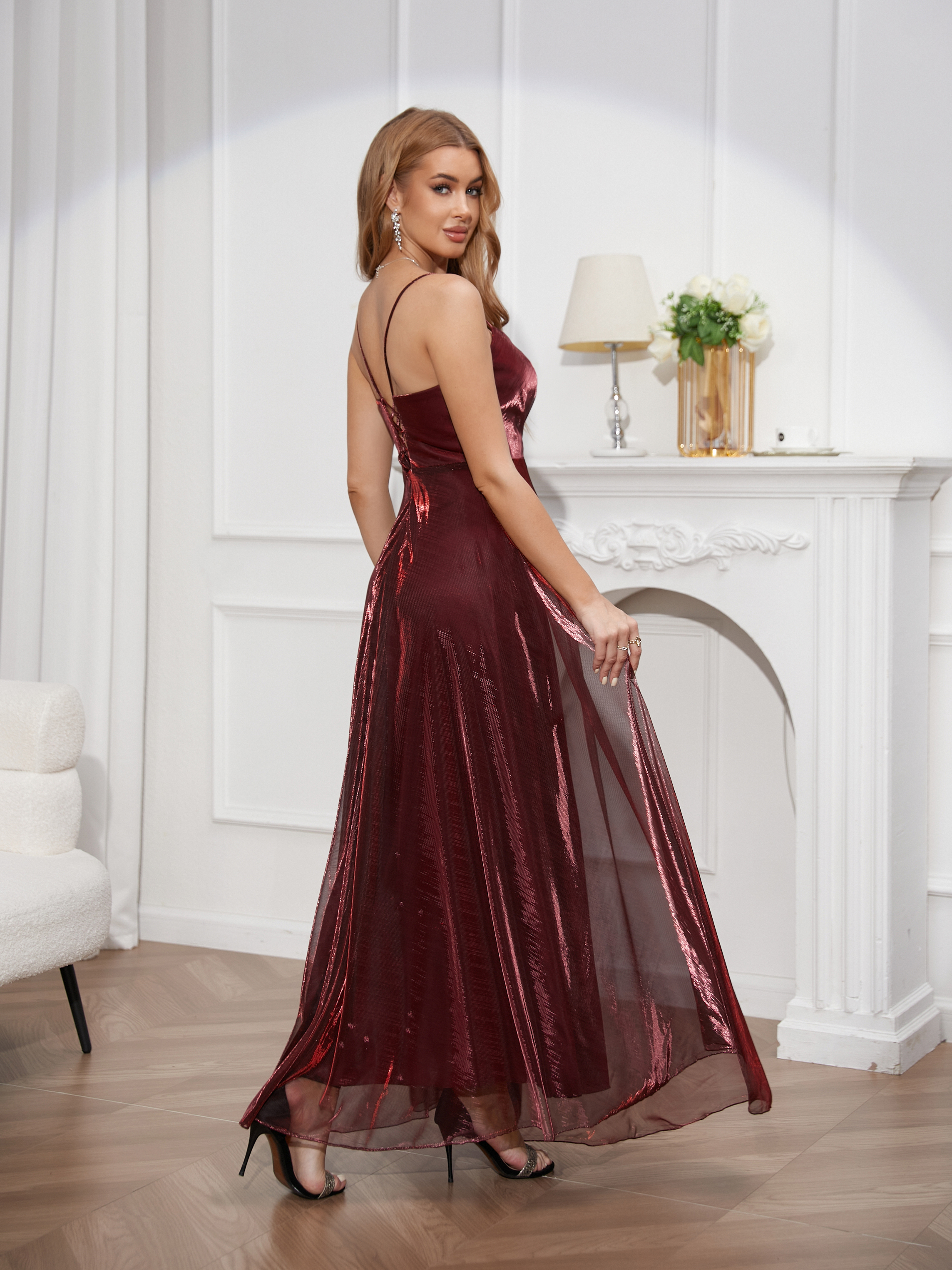 Prom dress, shiny fabric, bottom-flush back strap, sexy deep V sling dress, elegant tulle dress, prom dress