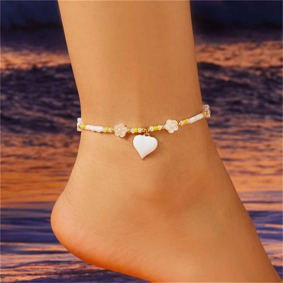 Boho Colorful Enamel Heart Flower Anklets For Women Charm Small Resin Beads Ankle Bracelet Summer Beach Barefoot Chain Jewelry U250624
