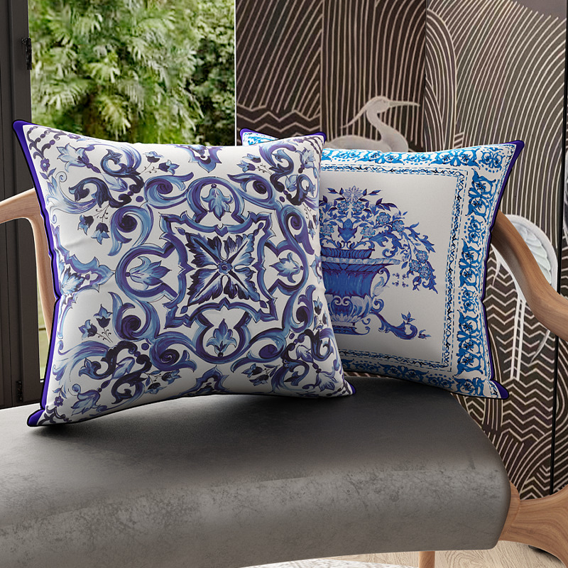 Blue Ornate Floral Mediterranean Sicilian Tile Square Pillowcase Cover Cushion Comfort Throw Pillow for Home Bedroom 250625