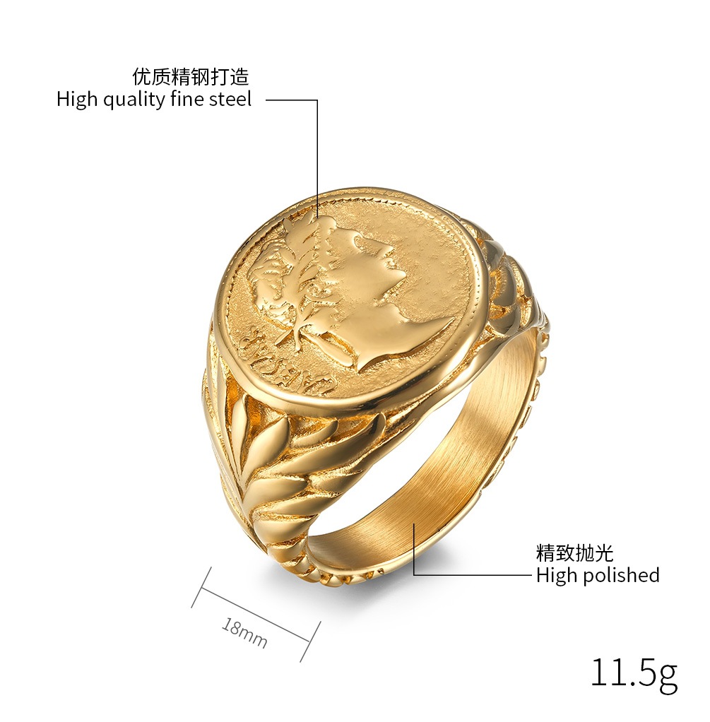 18k Gold Plated Roman Empire Caesar Statement Ring Stainless Steel Vintage Signet Rings for Men Women Band Biker Cool Jewelry Gifts Father Birthday Ch