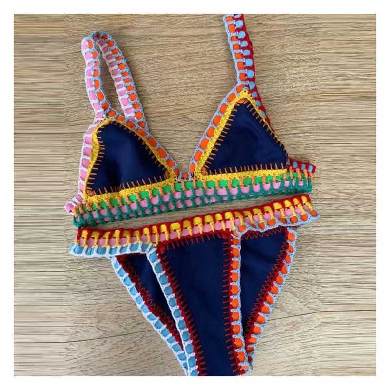 Women Sexy Black Swimwear with Elastic Swimsuit Handmade Crochet Navy Blue Bikini Sets XJ250624