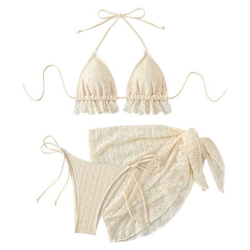 Lace Swimsuit Set With Sarong Bikini Inspired Womens Swimwear Beachwear Bathing Suit Vacay Outfit Biquini XJ250624