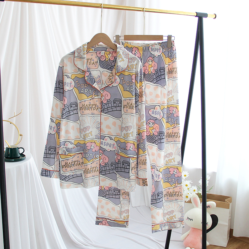 Spring and Autumn Long sleeved Pajamas, Women's Knitted Cotton Cartoon Thin, Loose and Casual Two piece Set, Cardigan, Women's Home Clothing