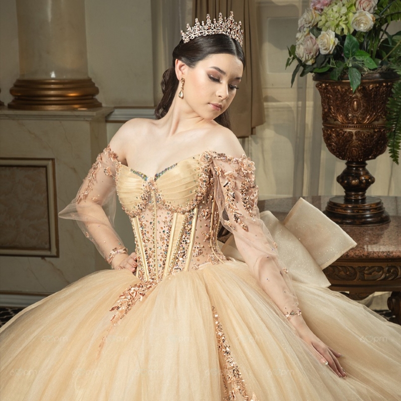 Champagne Shiny Quinceanera Dresses Ball Gown Off The Shoulder Applique Lace Beads Bow Tull Corset Sweet 16 Dress Vestidos 15 Anos