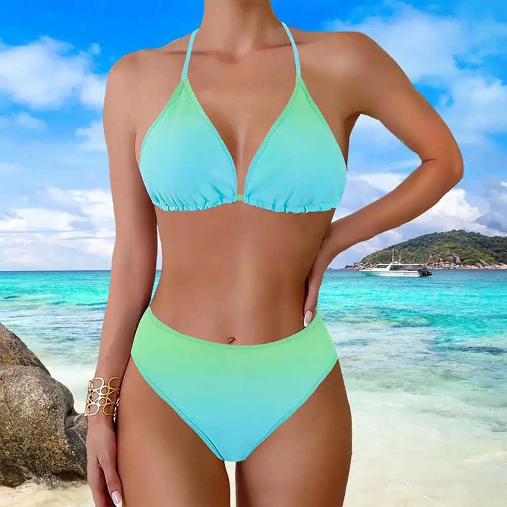 2Pcs Women Push-up Bikini Set Halter Padded Bra High Waist Swimming Briefs Set Adjustable Strap Swimsuit Gradient Split Swimwear XJ250624