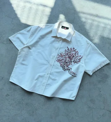 Y2K American street gothic cherry blossom pattern print retro casual fashion T-shirt womens simple lapel T-shirt Polo shirt 250625