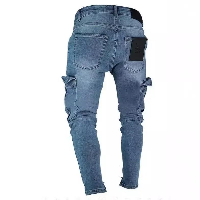 Stretch Mens Jeans Fashion Knee Ripped Zipper Skinny Trousers Denim Pants High Waist Side Pockets 250625