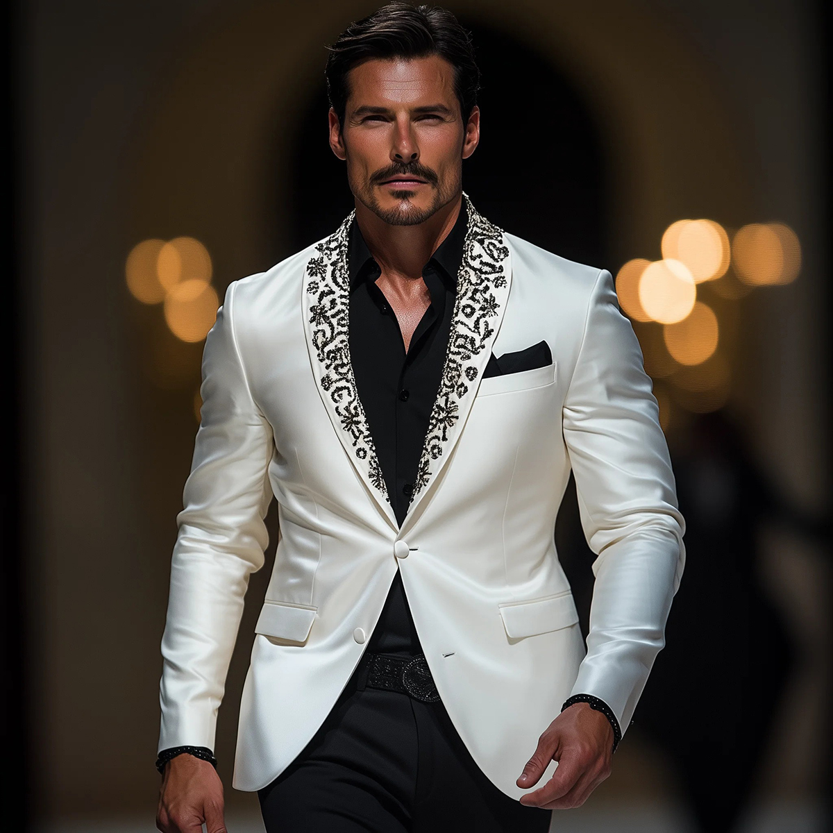 SImple Tailor-Made Appliques Men Suits 2 Pieces Set Shawl Lapel Jacket Beading Blazer Two-Button Groom Customized Coat Black Pants Plus Size