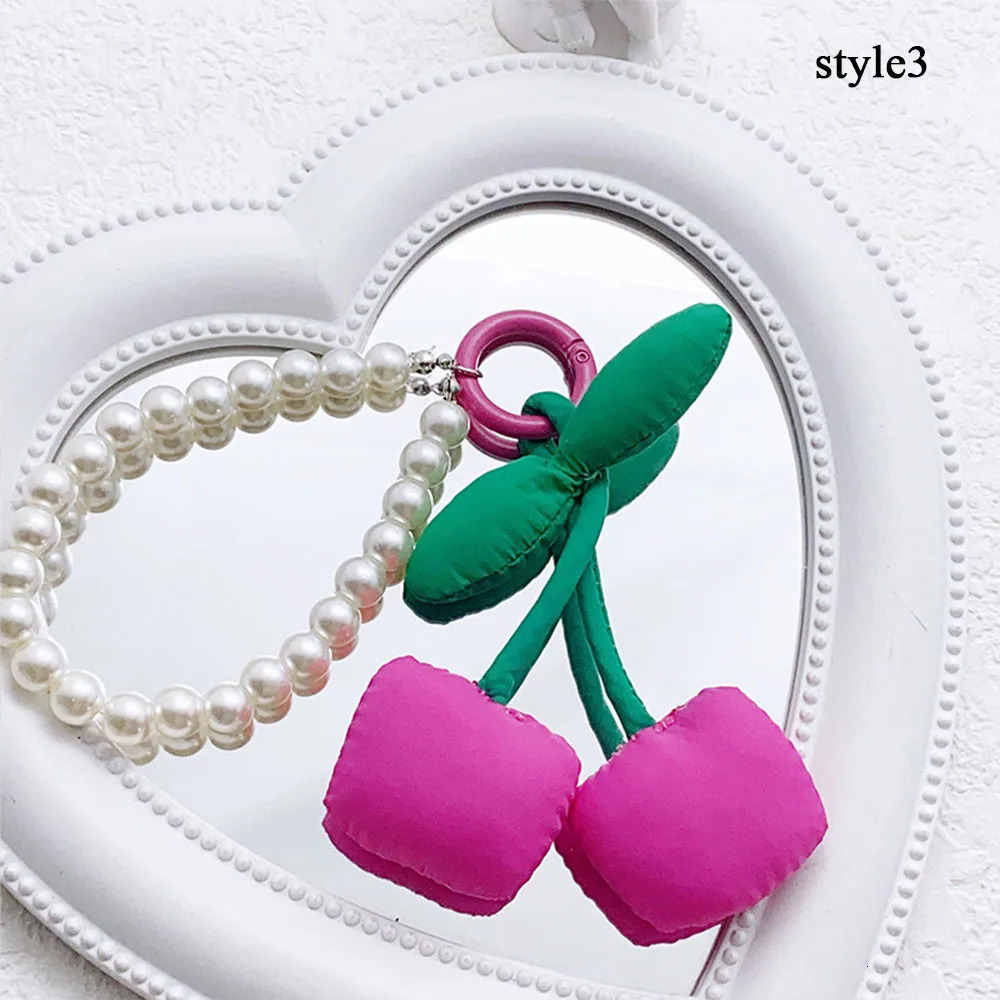 Korean Stylish Fabric Cherry Keychain Hand Beaded Pearl Keyring For Women Girls Phone Pendant Y2K Fashion Bag Pendant Gifts 250625
