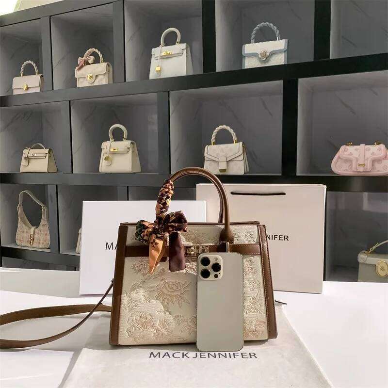 2025 Top Handle Shoulder Bag With Floral Embroidery Silk Scarf Decoration And High Quality Material Women Handbag