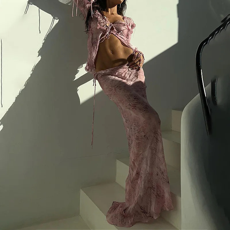 Cryptographic Fashion Coords Set Club Outfits Print Y2K Mesh Sheer Long Sleeve Tie Front Blouse Shirts Maxi Skirt Matching Sets 250616