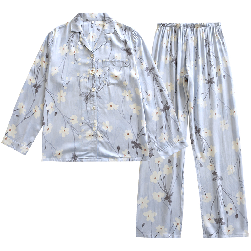 Wholesale sleepwear for women in spring and summer, thin, high-end, satin, cotton, silk, romantic, floral, soft, long sleeved home wear, lapel, long s