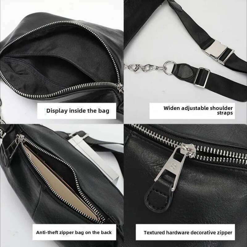 High Quality Black Chest Bag 2025 Hit Genuine Leather Fashion Chain Wide Strap Crossbody New In Casual Trend Female Bags