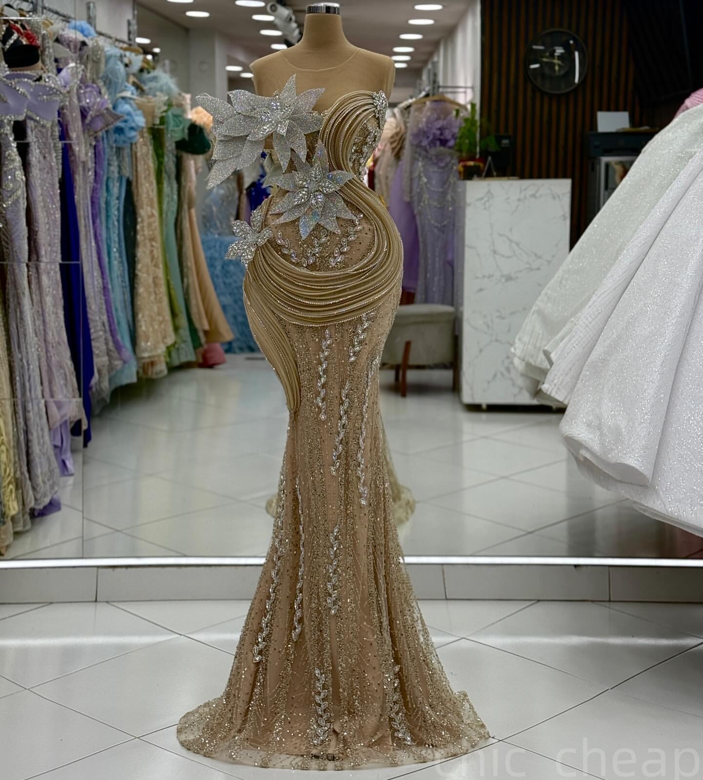 Champagne Mermaid Prom Dresses 2025 Flowers Crystals Sequined Lace Evening Formal Party Second Birthday Engagement Gowns Plus Size Dress For Special O