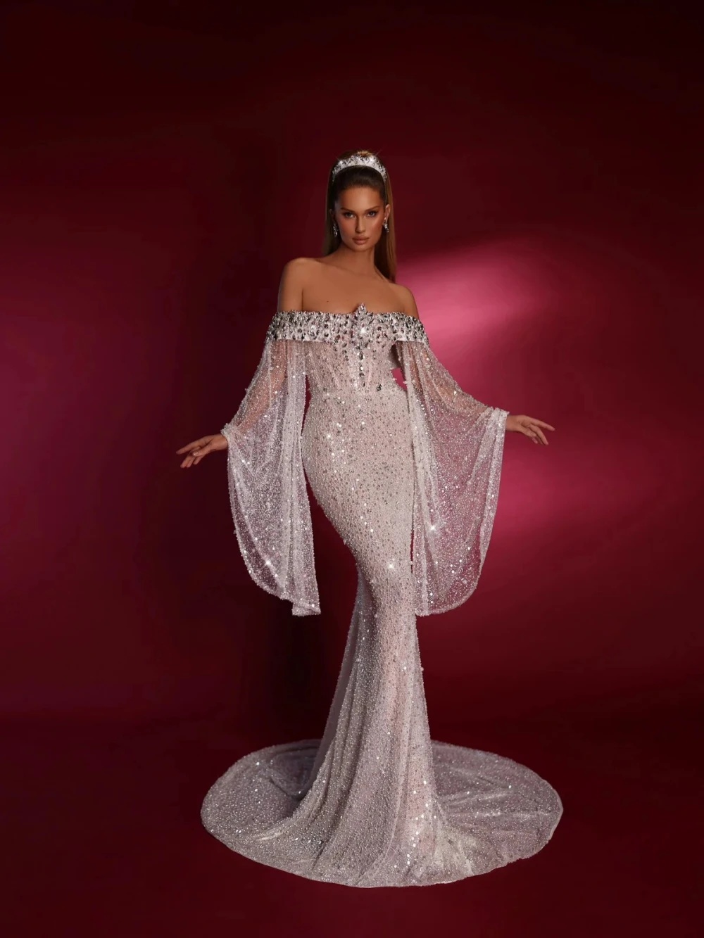 Modern Wedding Dresses Sequins Off Shoulder Bridal Gowns Crystal See Through Mermaid Illusion Customized Bride Vestidos De Novia Plus Size