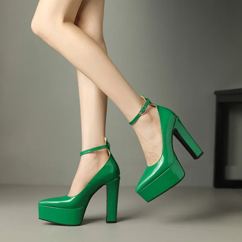 Ochanmeb Patent Leather Pumps Women Super High Heels Thick Sole Platform Shoes Woman Pointed Toe Ankle Buckle Party Wedding Pump 250624
