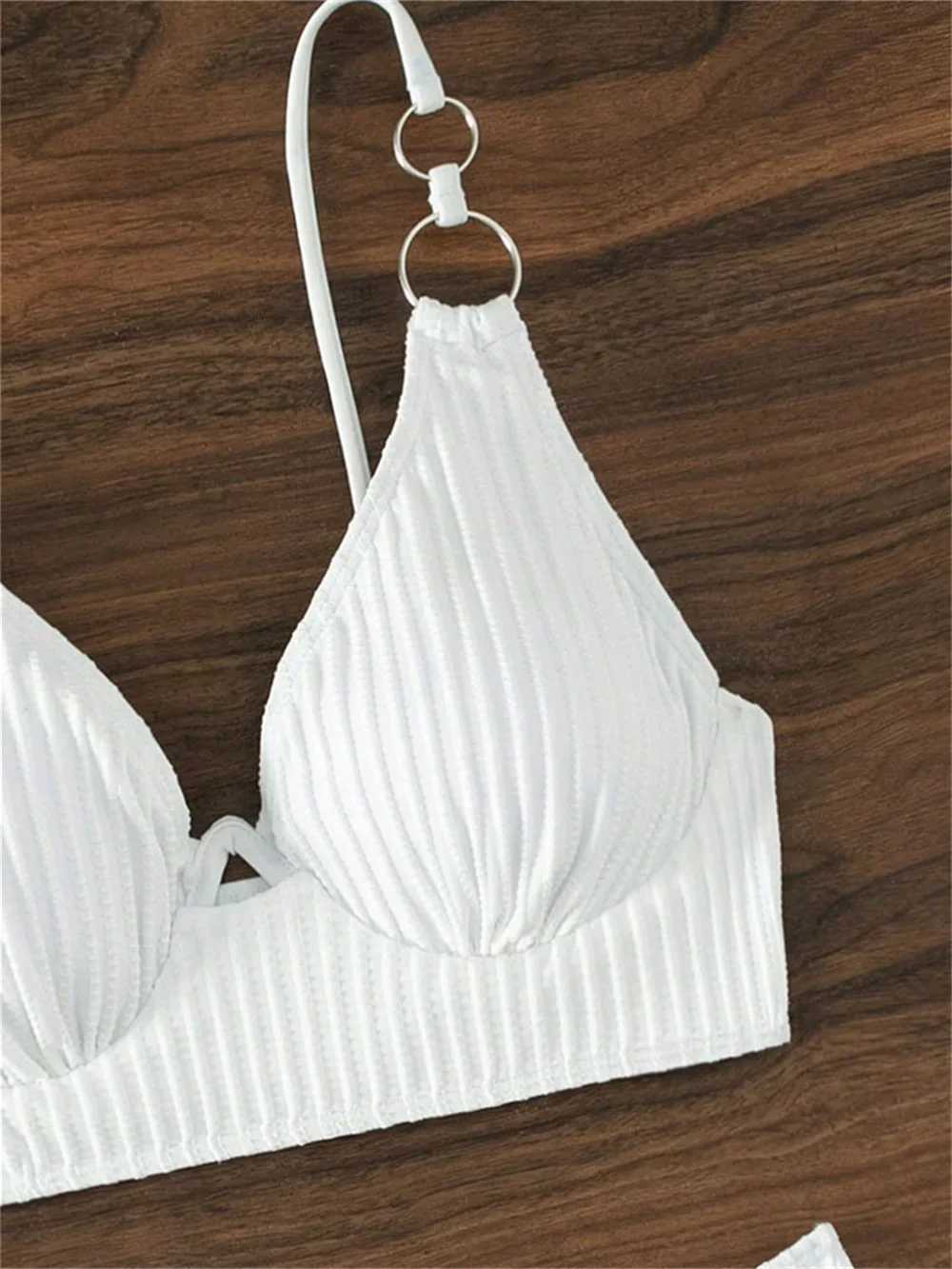 Sexy White Bikini Sling Rings Push Up Swimsuit High Waisted Vacation Swimwear Ribbed Beach Bathing Suit Women 2 Piece Set OutfitXJ250624