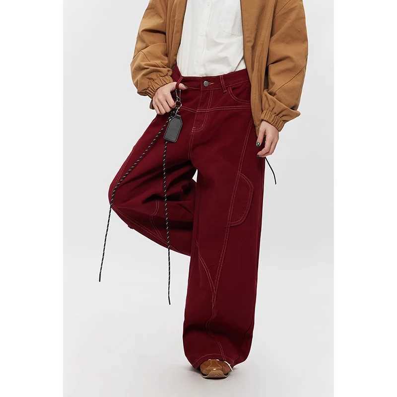 American Retro 2000s High Waist Length Red Jeans with Pockets Hip-hop Baggy Cargo Pants Mens Casual Y2K Grunge Street Denim Trouser X250625