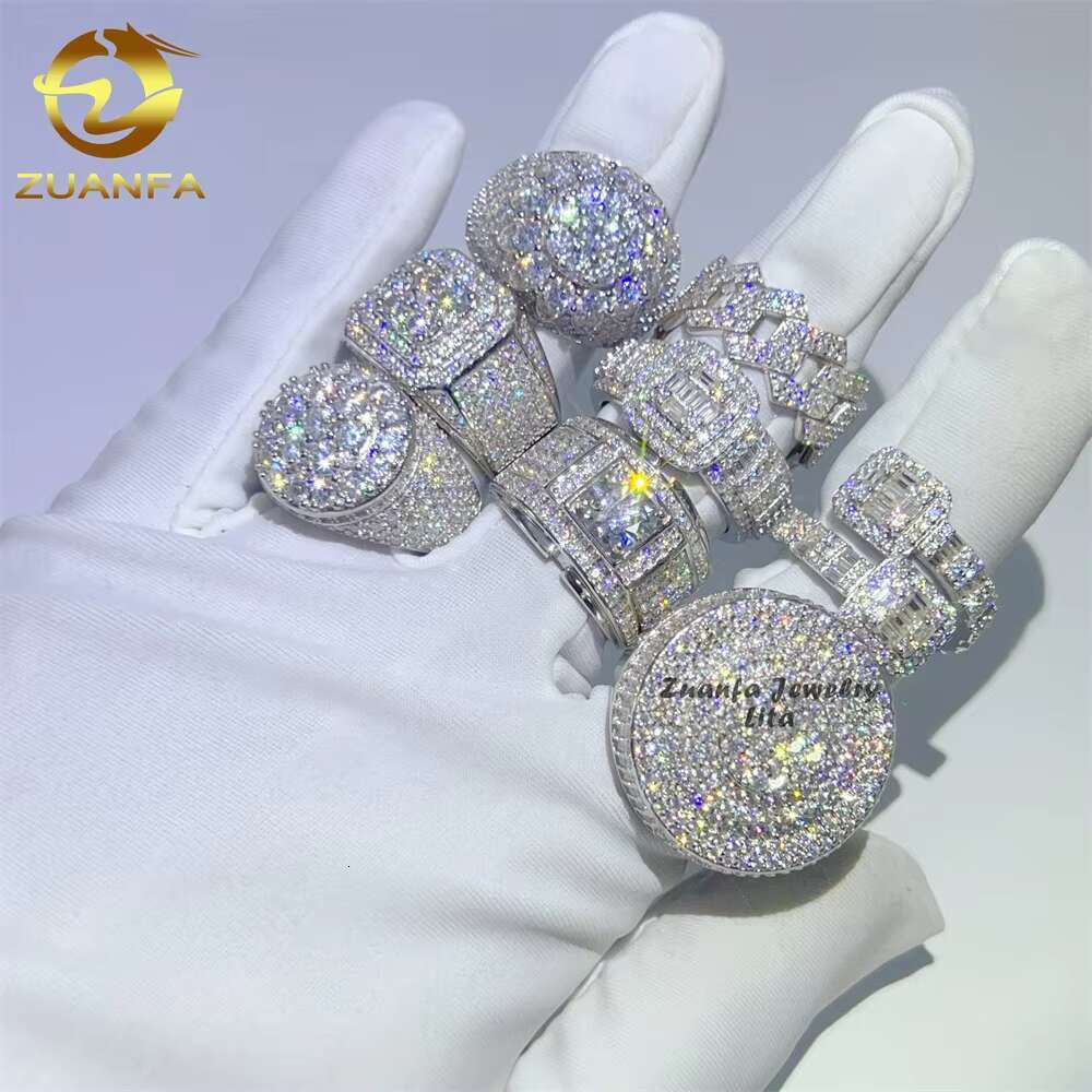 Wholesale Factory Price Moissanite Jewelry 925 Silver Iced Out 2 Row Diamond Cuban Rings Hip Hop Moissanite Ring