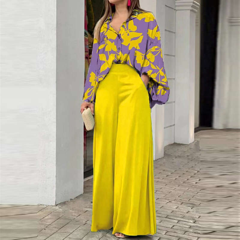 Women Clothing Spring Suit Loose Elegant Casual Print Shirt Blouse Wide Leg Pants Fashion Sets Female B5