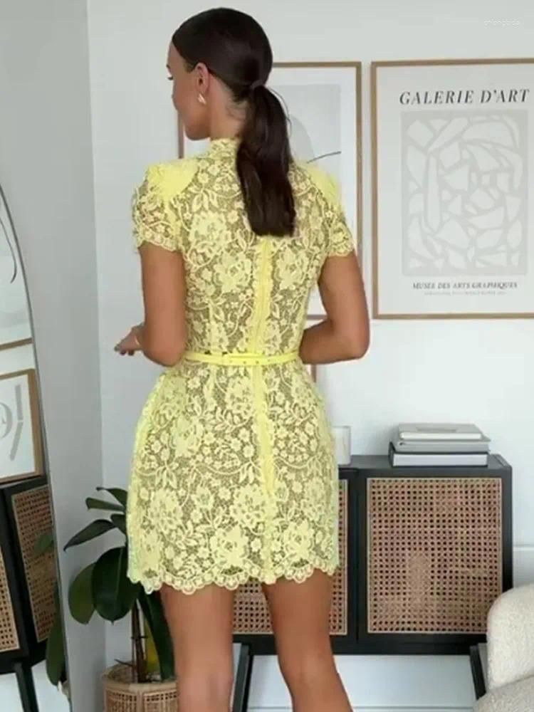 Casual Dresses Elegant Yellow Lace Slim Fit Cute Mini Vestido Women Chic Half Sleeve Round Neck High Waist Summer Lady Party Dress