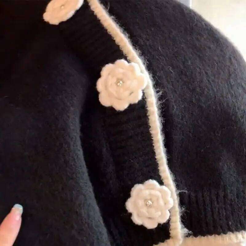 Pull Femme Tops Vintage Black Knitted Cardigan Flower Sweater Women Y2k Autumn Winter Feminino Jacket Slim Knit