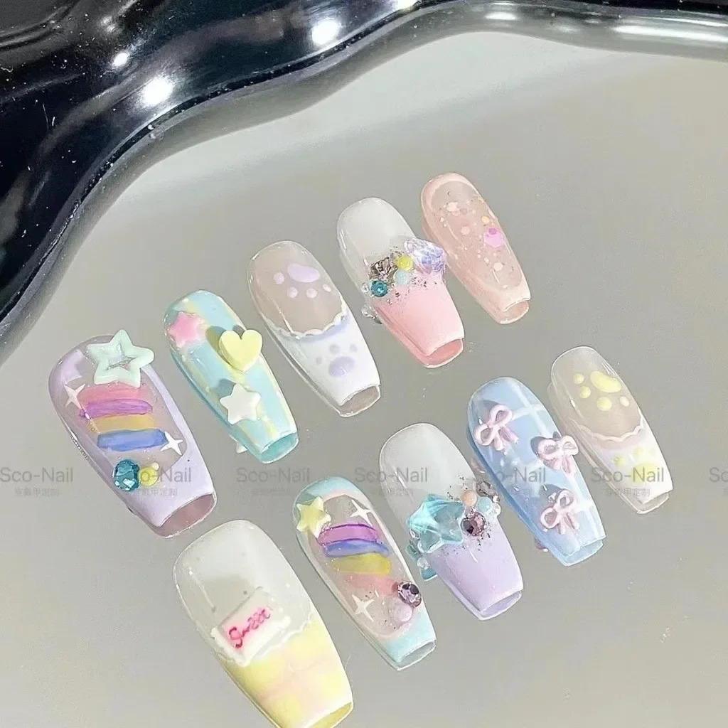 Candy Pudding Handmade Wearable Nails Sweet Cute Nail Art Patch Removable Bow Star Summer French Fake Nails 250625