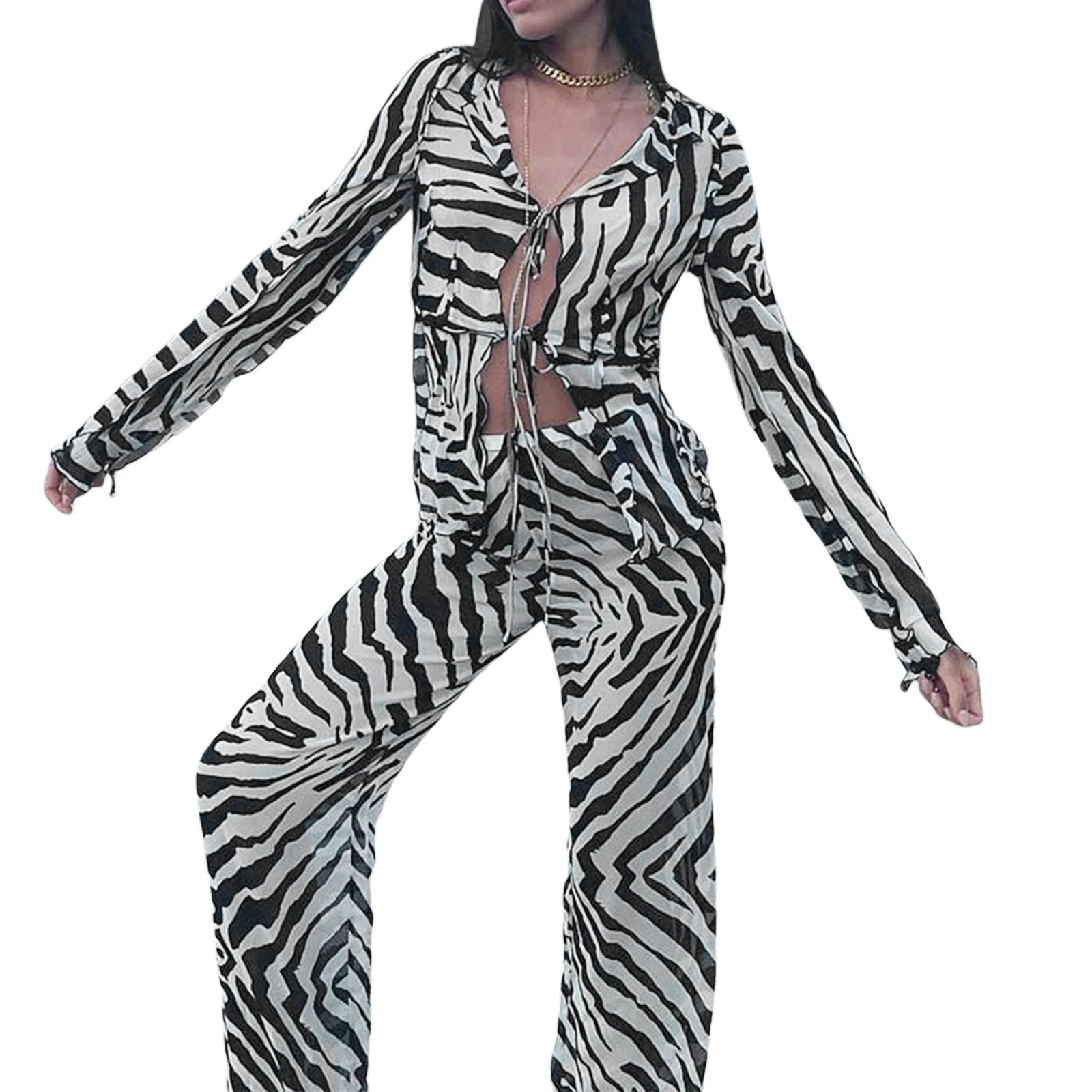 Women 2 Piece Y2k Casual Outfits Long Sleeve V Neck Print Top Shirts Bandage Drawstring Pants Party Clubwear 250616