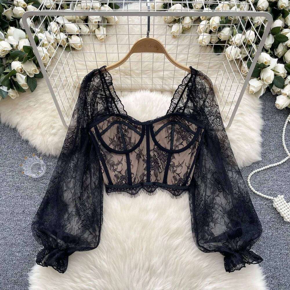 Chic Lace Flare Long Sleeve Square Collar Backless Crop Top Solid Slim Sexy Korean Fashion Summer Women Shirt
