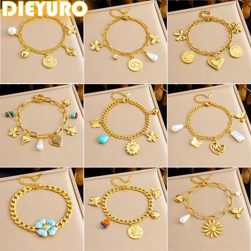 DIEYURO 316L Stainless Steel Flower Bowknot Multiple Pendants Bracelet For Women New Waterproof Wrist Chain Glamorous Gift X250625