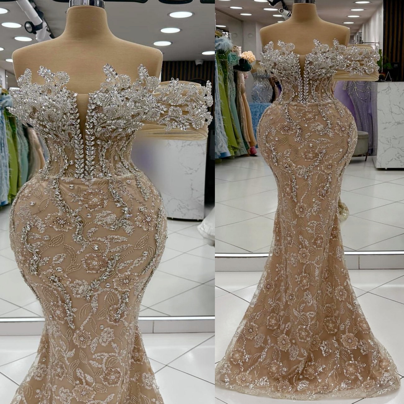 Champagne Mermaid Prom Dresses 2025 Illusion 3D Floral Lace Crystals Evening Formal Party Second Birthday Engagement Gowns Plus Size Dress For Special