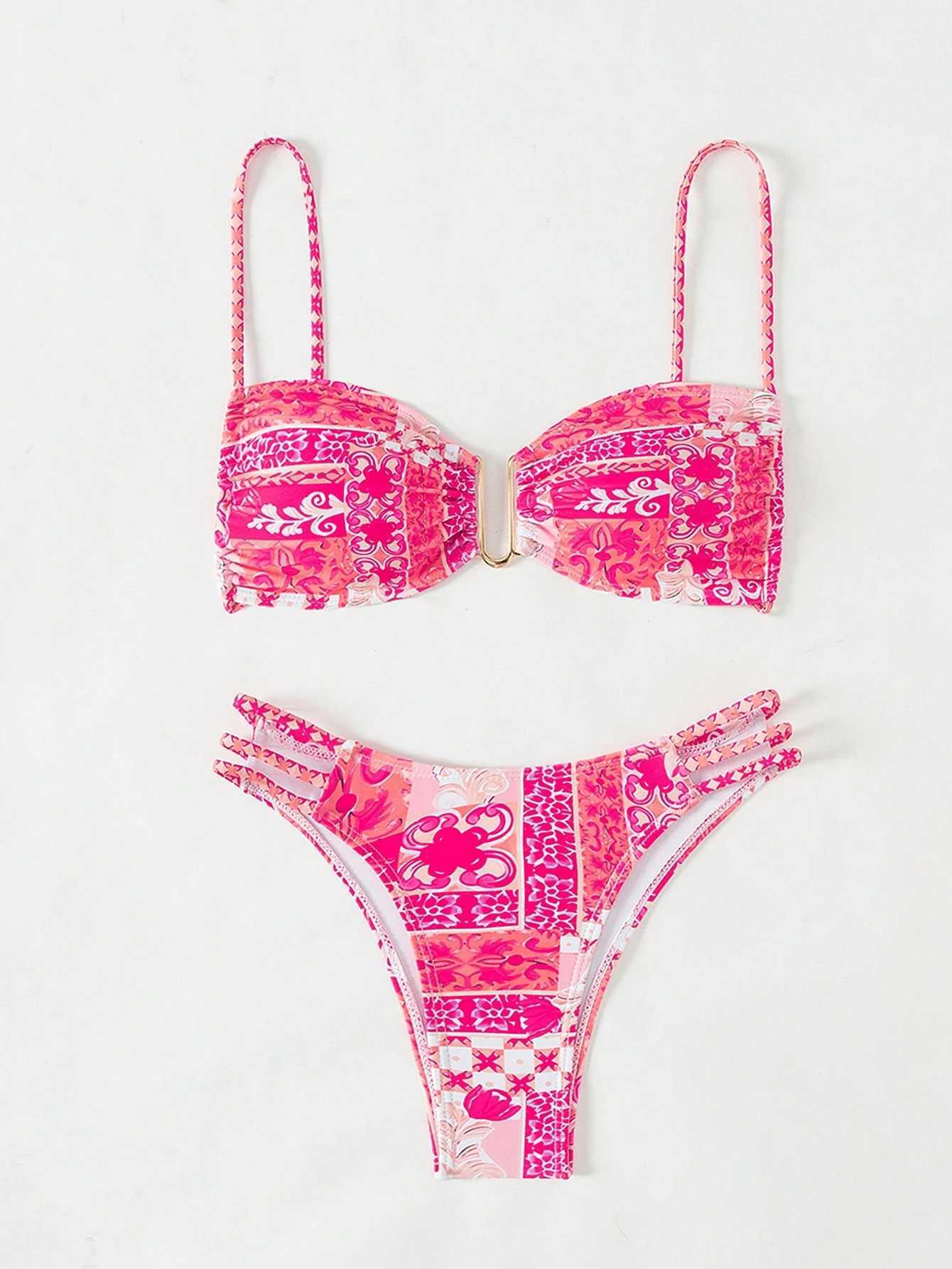 European and American ladies bikini pink print sweet senior adult high waist slim triangle swimsuit XJ250624