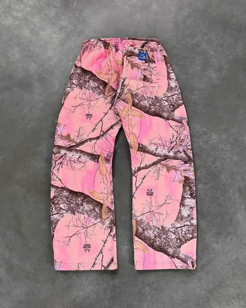 Akimboclub Fashion Pink Straight Leg Pants Hip Hop Leaves Trend Hooded Men Sweat Pants Drawstring Casual Sports Pants Streetwear X250625