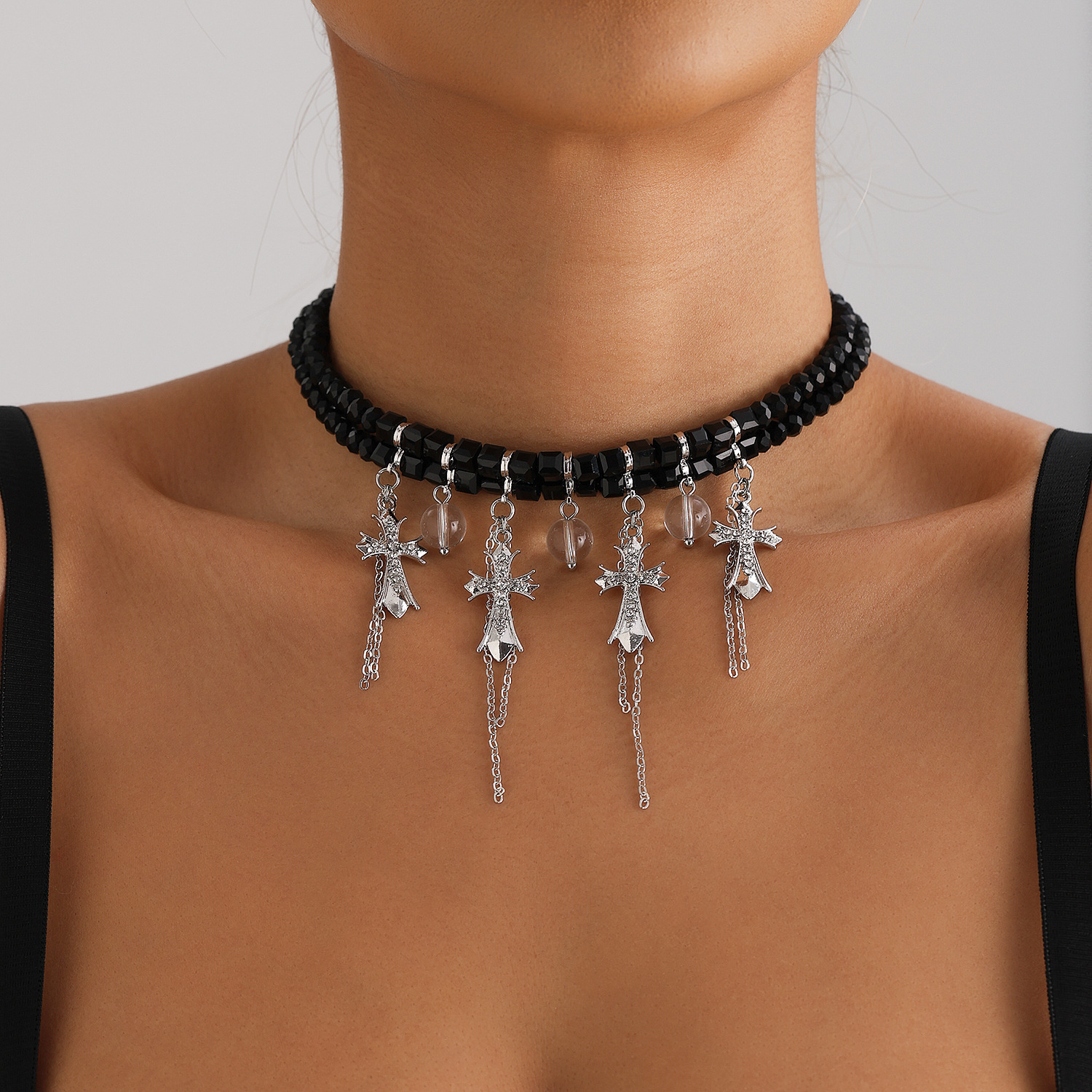Jewelry INS Inlaid Dia Cross Glass Ball Tassel Collarbone Chain Sweet Cool Girl Style Necklace Jewelry for Women
