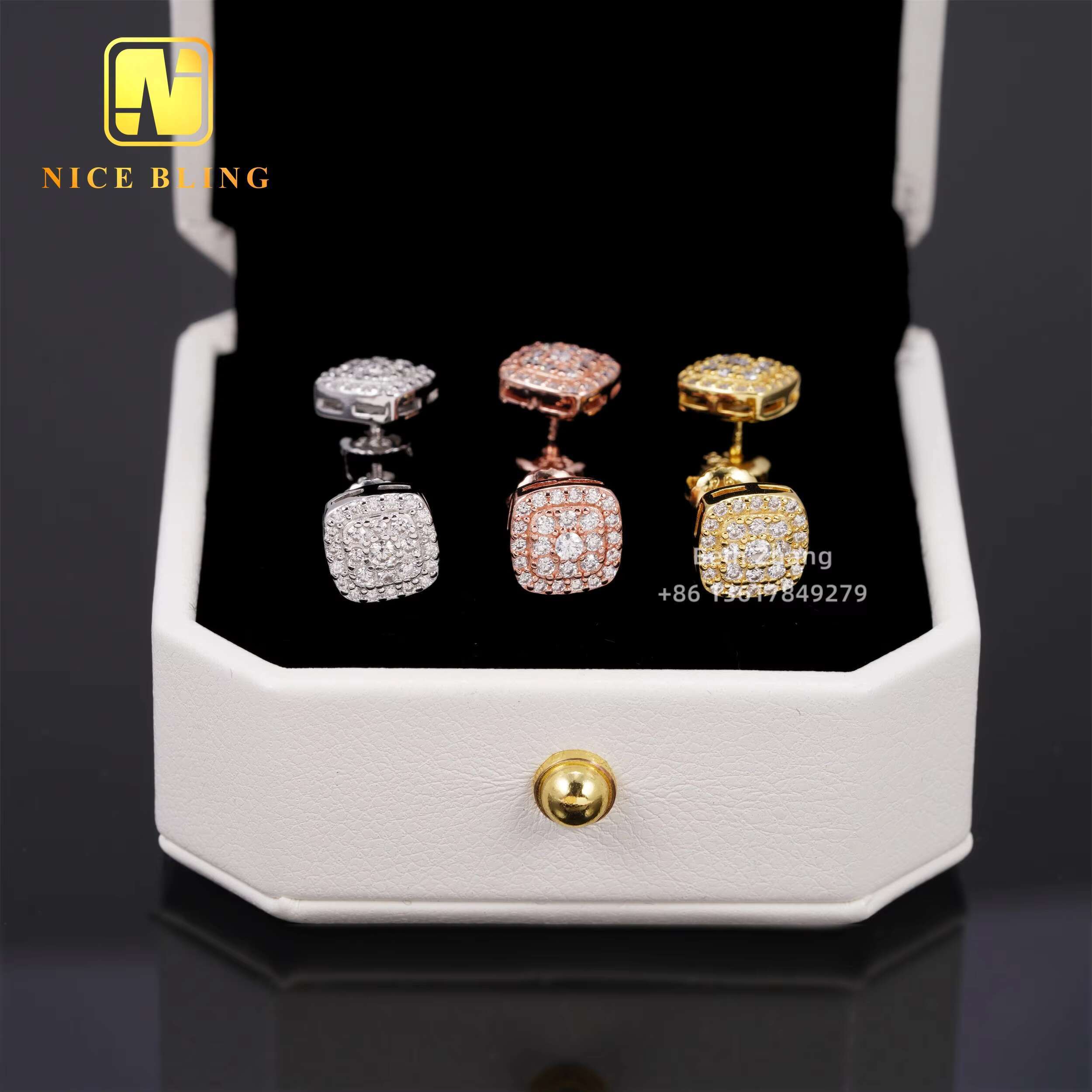 Cluster Earrings Square Shape Ear Studs 925 Sterling Silver Jewelry Hip Hop Men Women VVS Moissanite Diamond Ear Studs