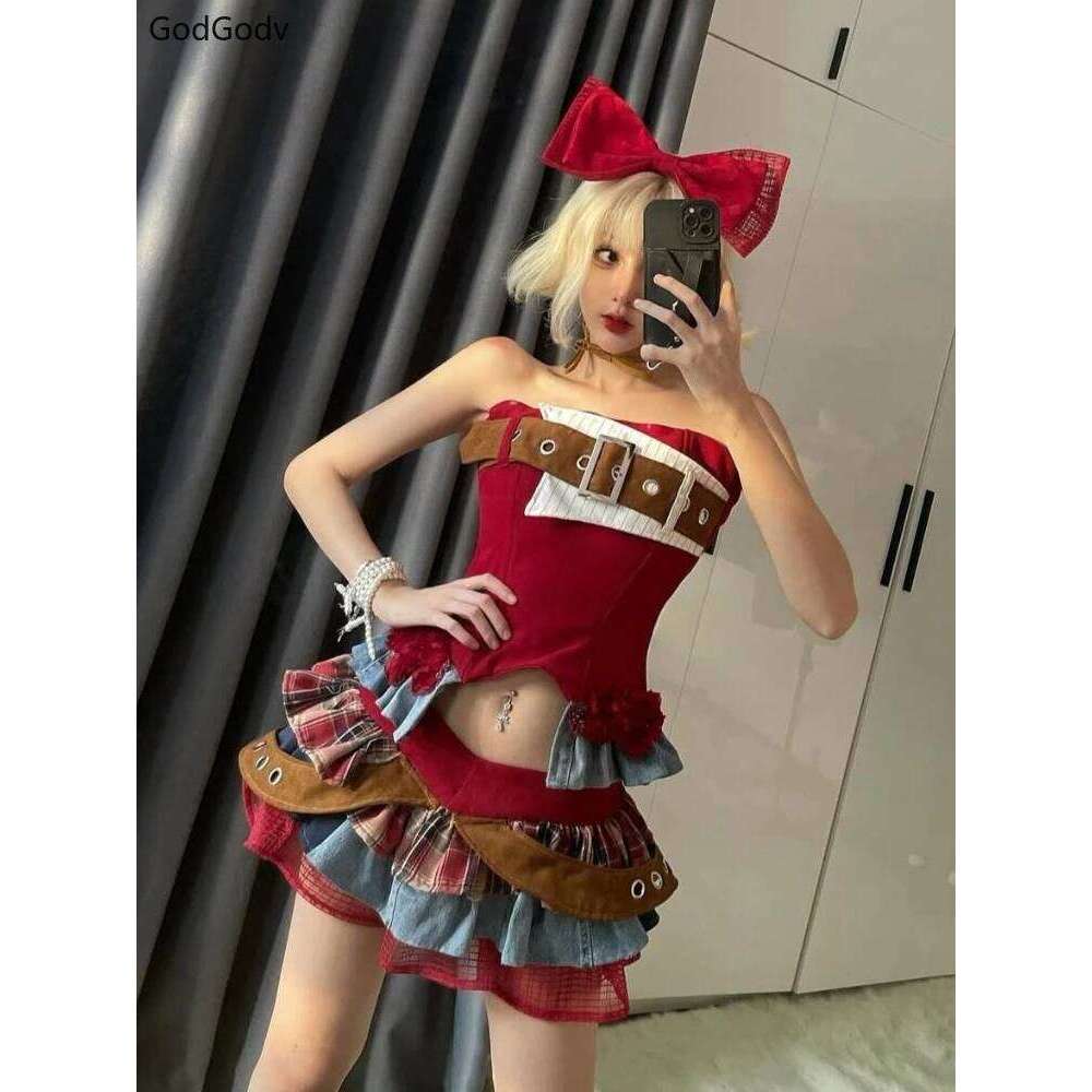 Preppy Vintage Red Denim Bustier Tops + Sweet Spicy Pure Design Mini Cake Skirt Women 2 Piece Sets Summer 2025 Korea Style